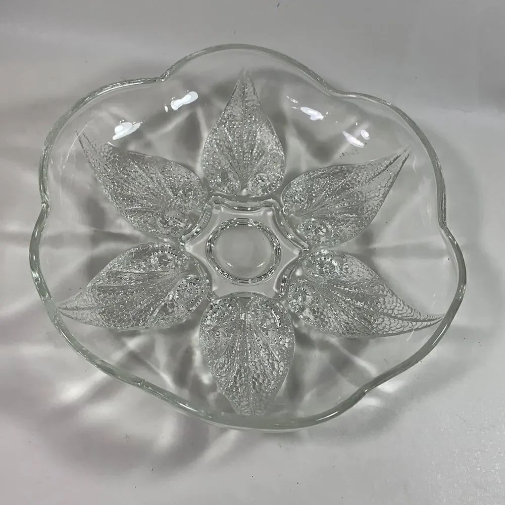 Vintage Glass Serving Trinket Textured Leaves EUC